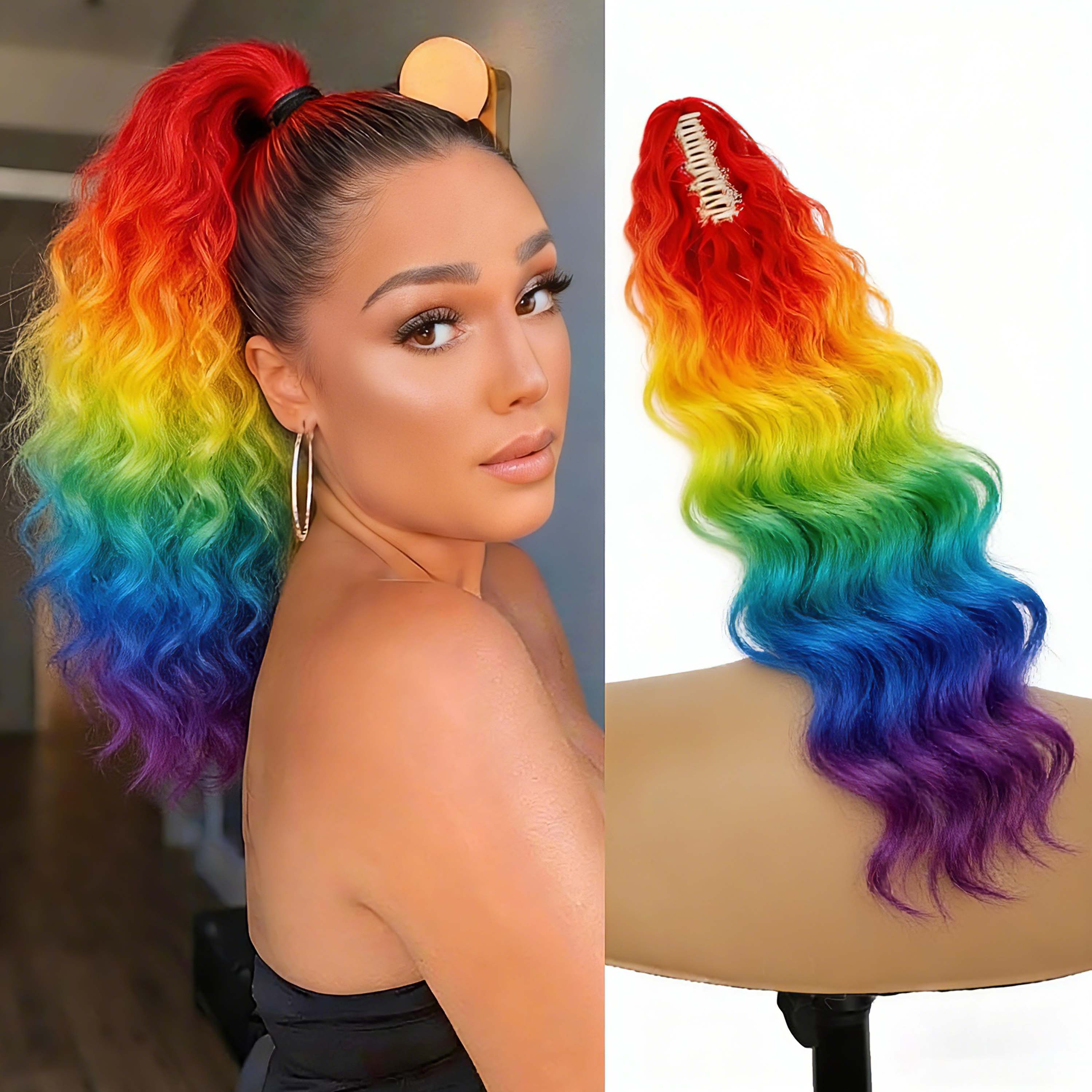 Hair Claw Clip Set - Synthetic Rainbow Claw Long Wavy Ponytail