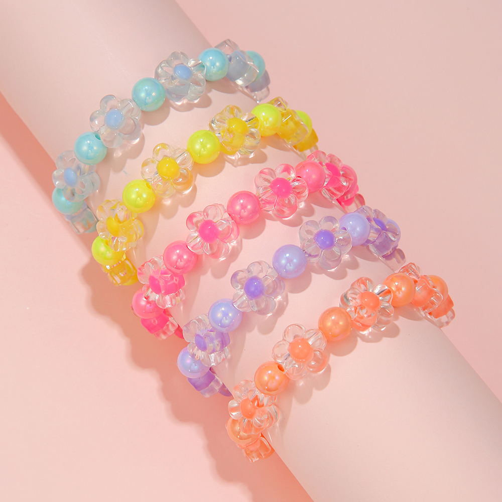 Resin Bangle Bracelet - 5Pcs/Set Colorful Beads Flower Bracelet Friendship